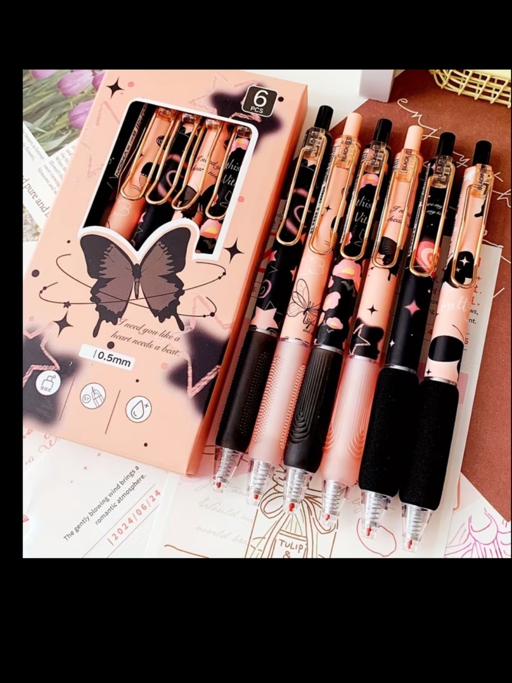 Black Frosted Butterfly Ink Pen Set - Pink & Black (6 Boxed Set)~Black Ink